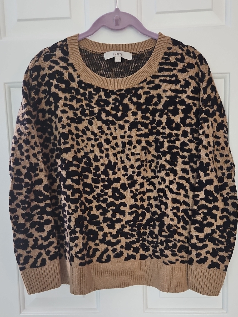 LOFT Tan and Black Leopard-Print Crewneck Sweater